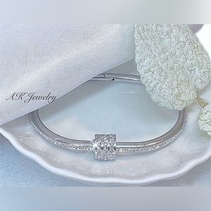 💎Silver BRACELET White Inlay with Pave Diamonds, Twist Barrel Open